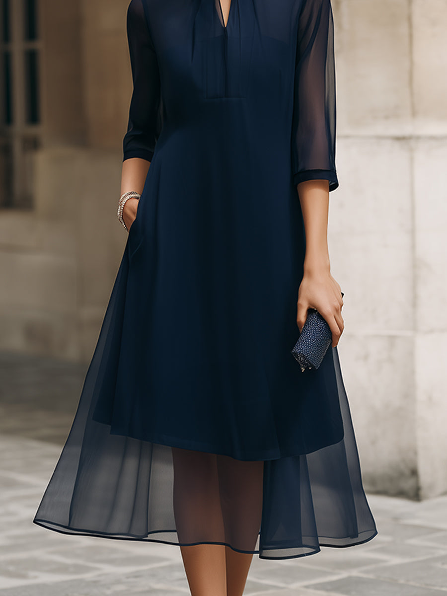 Mandarin Collar Sheer Overlay Midi Dress