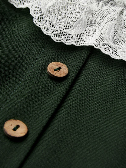 Maxi Linen Dress, Long Sleeves, Crew Neck, Lace Up, Linen Blend, Dark Green