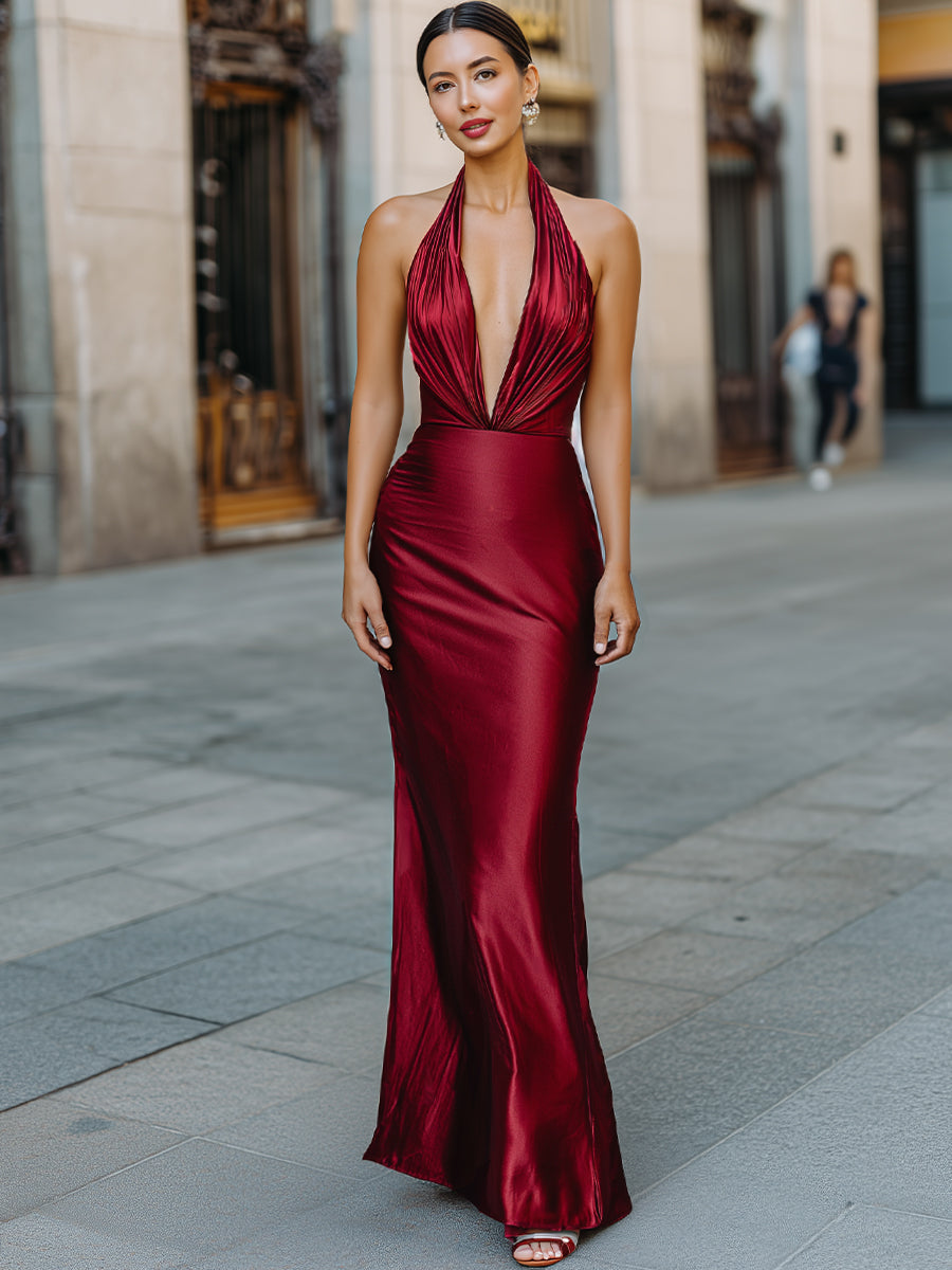 Elegant Halter-Neck Satin Gown With Open Back