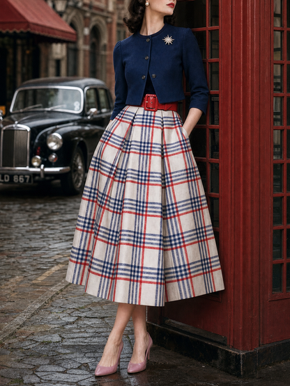 Vintage Plaid Velvet Spliced Dress & Short Coat Two-piece Set
