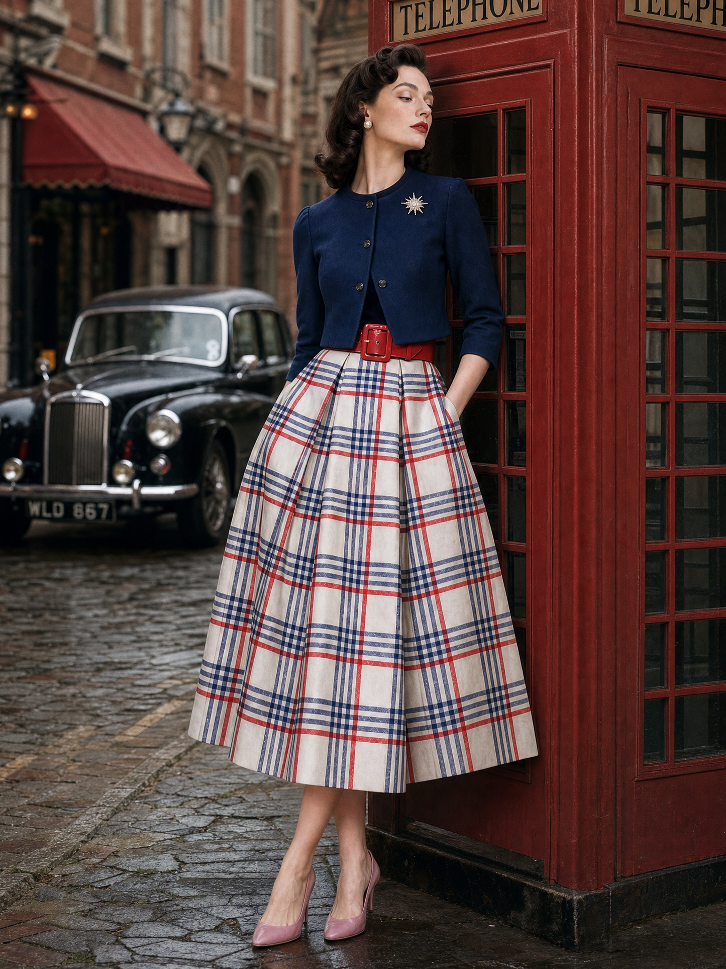 Vintage Plaid Velvet Spliced Dress & Short Coat Two-piece Set