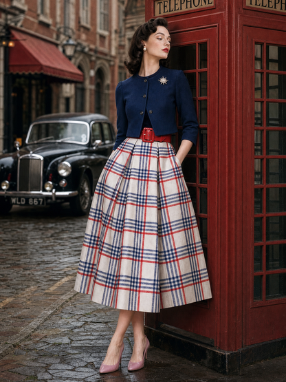 Vintage Plaid Velvet Spliced Dress & Short Coat Two-piece Set