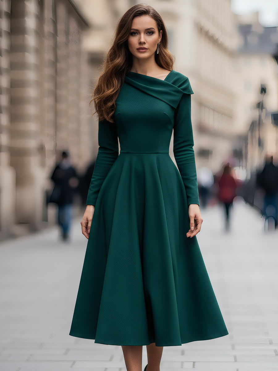 Emerald Draped Neckline Midi Dress
