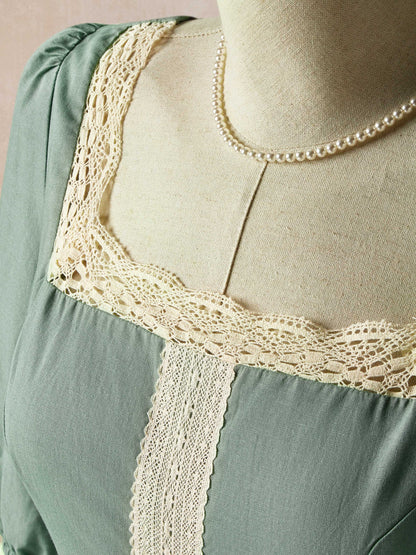 Maxi Linen Dress, 3/4 Sleeves, Square Neck, Lace Up, Linen Blend, Green