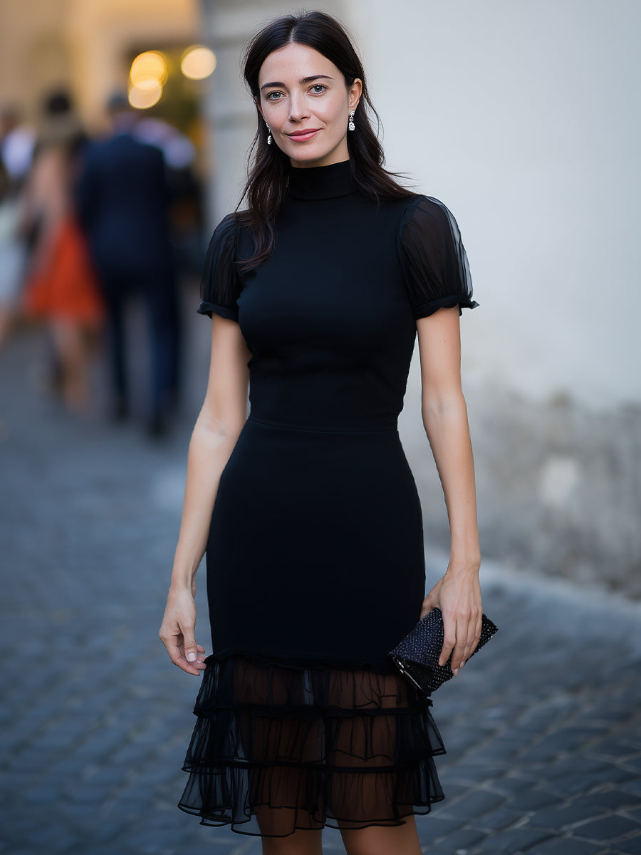 Elegant Mock-Neck Sheer Puff Sleeve Ruffle Hem Mini Dress