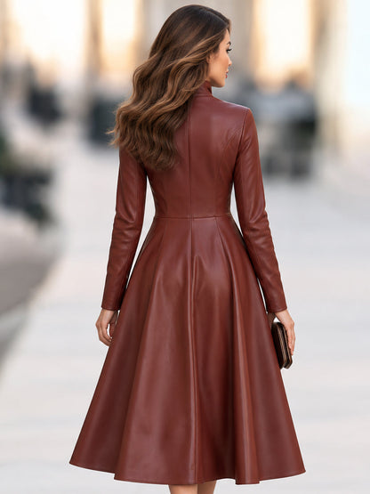 Zip-Front Faux Leather Fit-and-Flare Midi Dress
