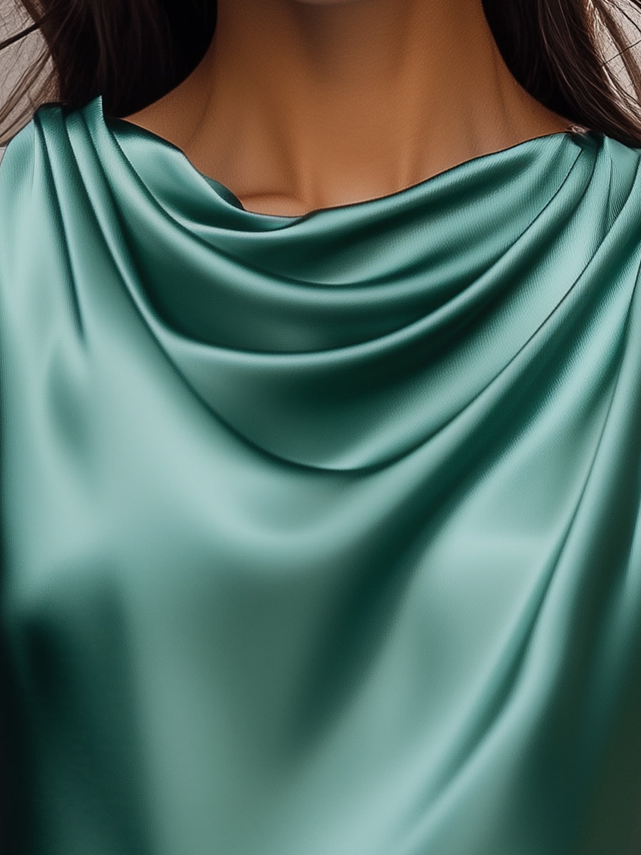 Teal Satin Drape Neck Blouse