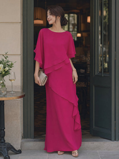 Asymmetric Tiered Chiffon Overlay Cape Maxi Dress