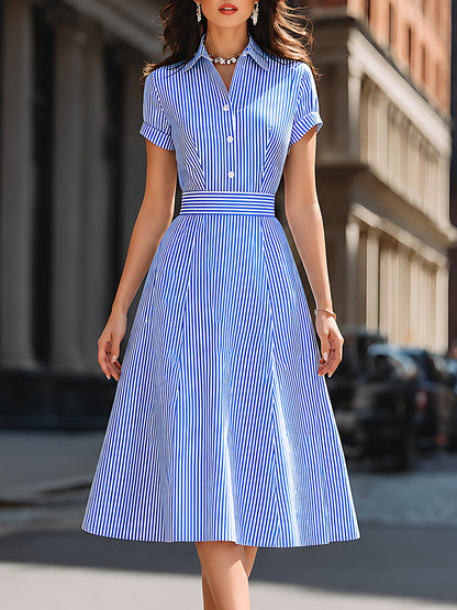 Striped Shirt Collar Fit-and-Flare Midi Dress