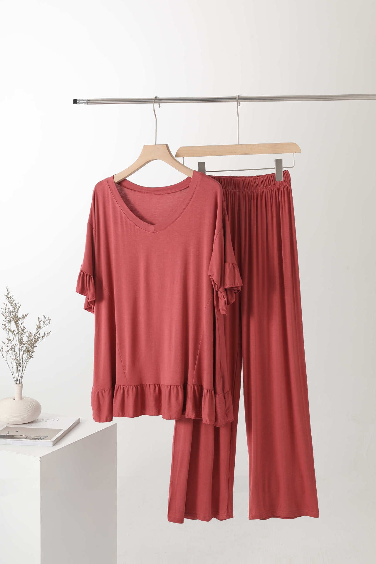 Modal Thin V Wide-Leg Pants Two-Piece Pajamas Indoor Clothes