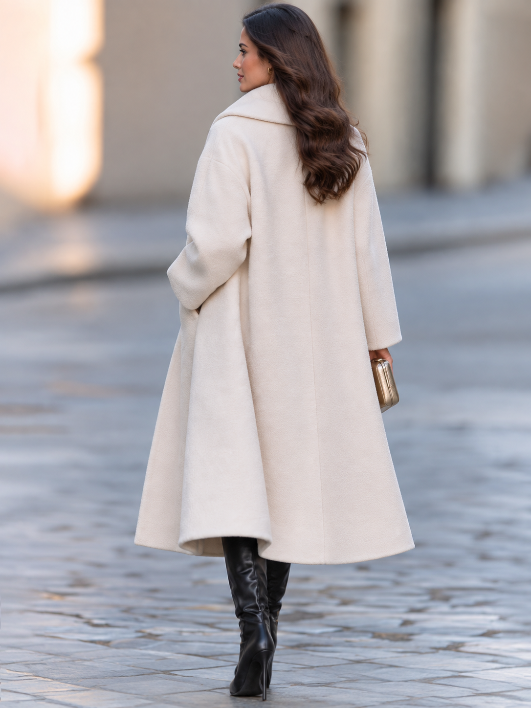 Women's Ivory Oversized Shawl Collar Wool Blend Long Coat