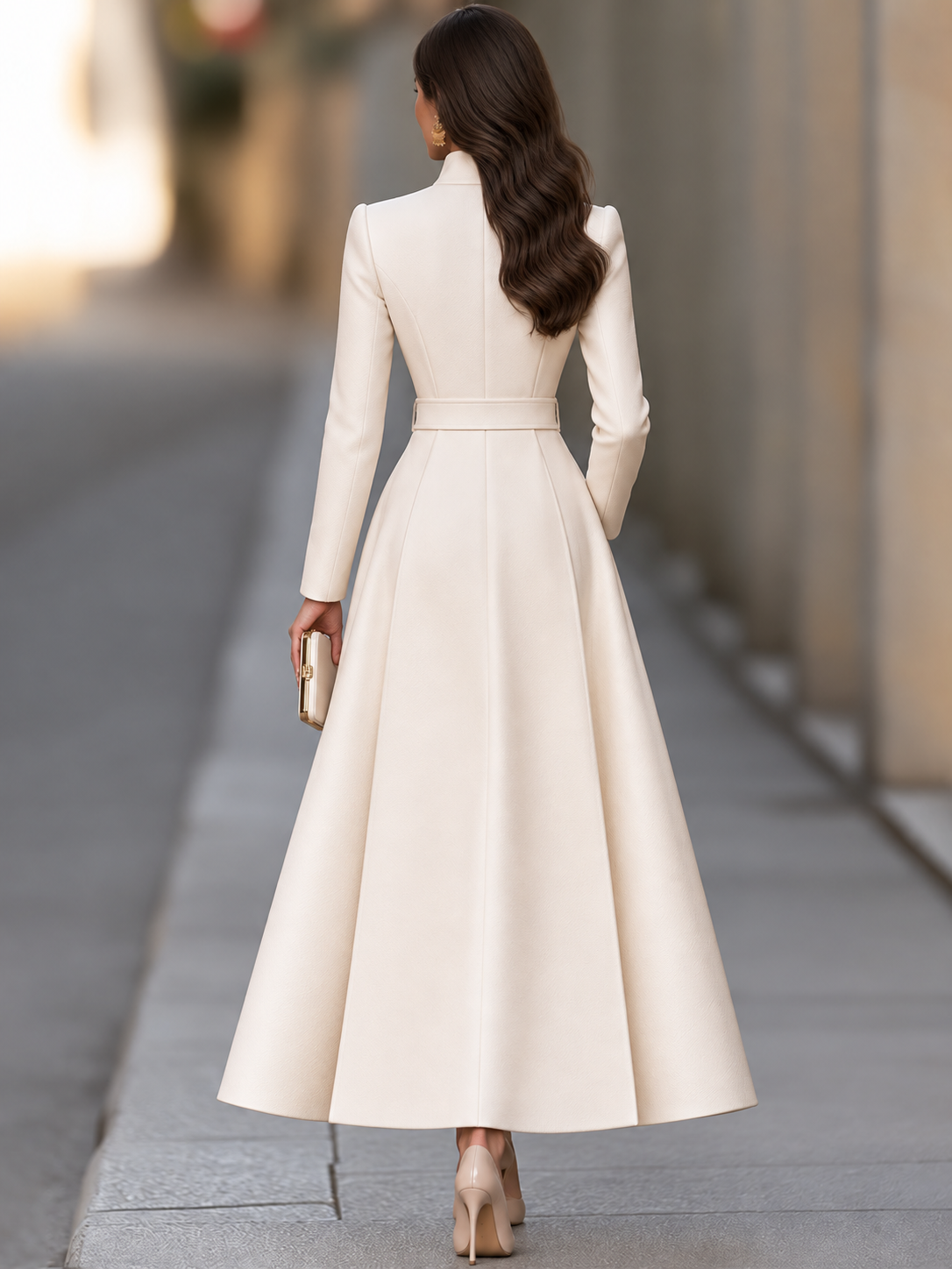 Elegant Ivory Belted Tailored Lapel A-Line Maxi Coat Dress