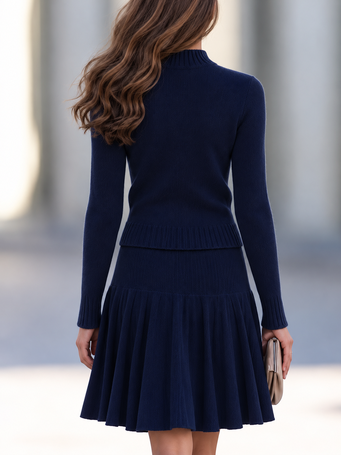 Navy Knit Two-Piece Set Button-Front Cardigan with Pleated Flare Skirt