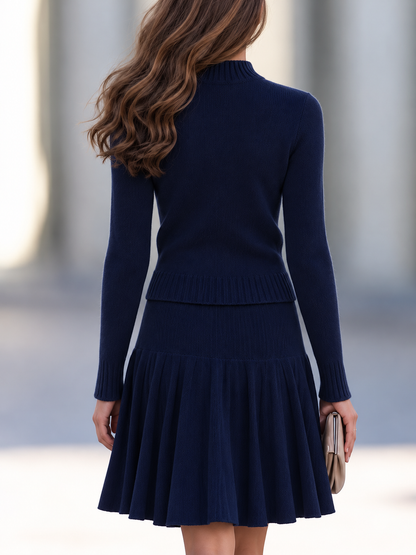 Navy Knit Two-Piece Set Button-Front Cardigan with Pleated Flare Skirt