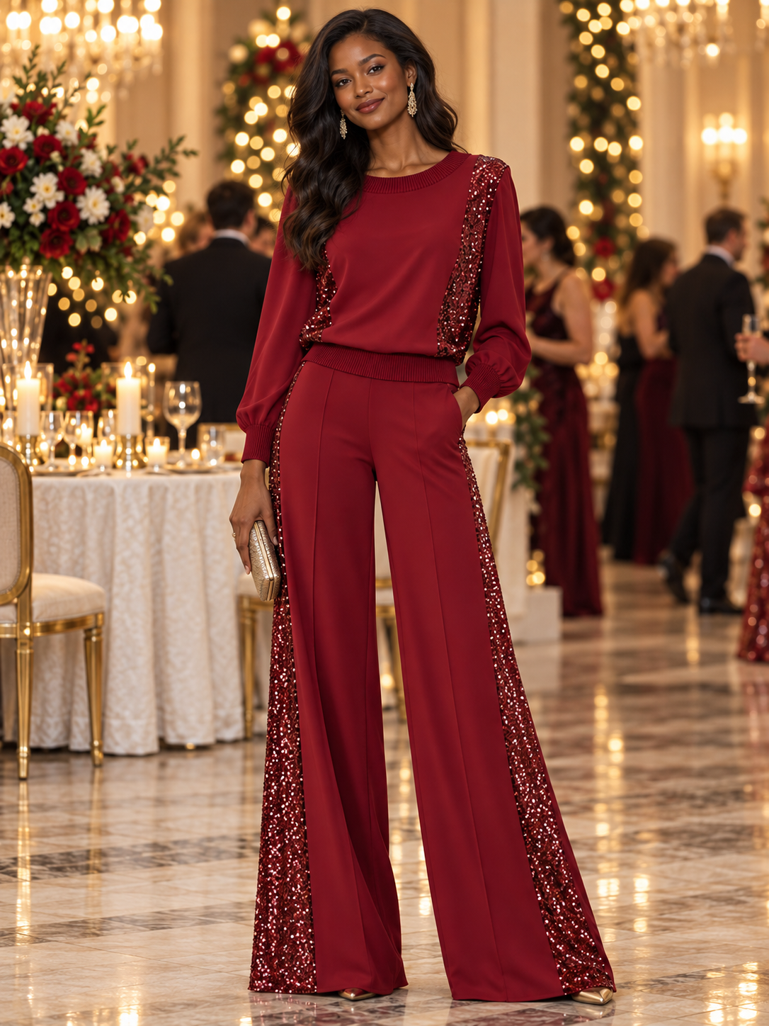 Elegant Burgundy Sequin Patchwork Long Sleeve Top And Wide Leg Pants Two-Piece Set