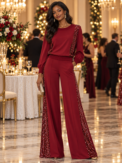 Elegant Burgundy Sequin Patchwork Long Sleeve Top And Wide Leg Pants Two-Piece Set