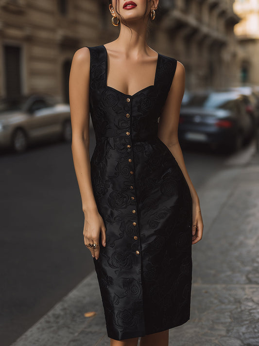 Elegant Floral Jacquard Button-Front Midi Dress