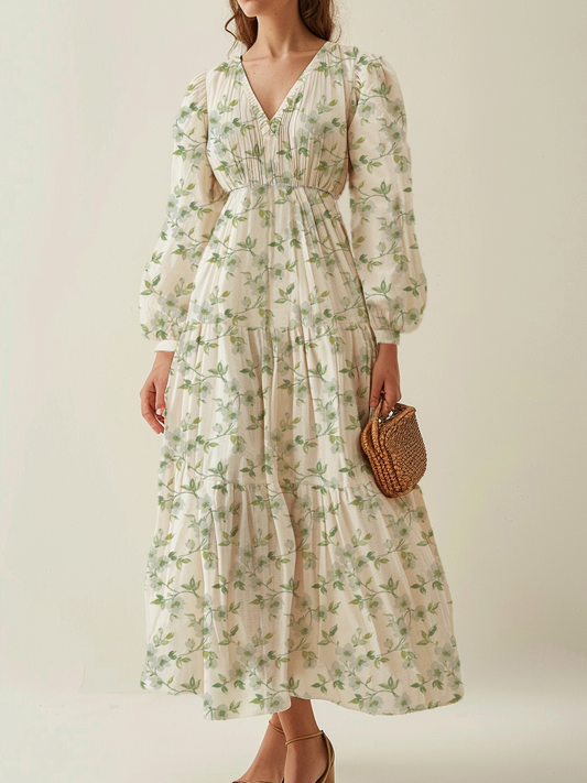 Maxi Linen Dress, Long Sleeves, V Neck, Linen Blend, Green Floral
