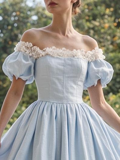 Linen Midi Dress, Balloon Sleeve, Lace Collar, Plain, Vintage, Blue