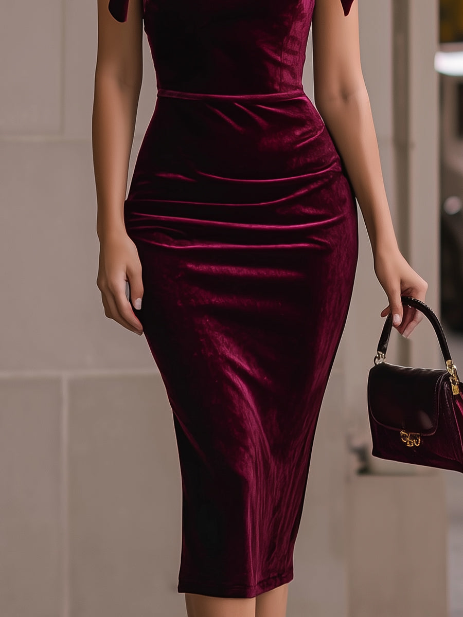 Luxe Burgundy Velvet Tie-Shoulder Midi Dress