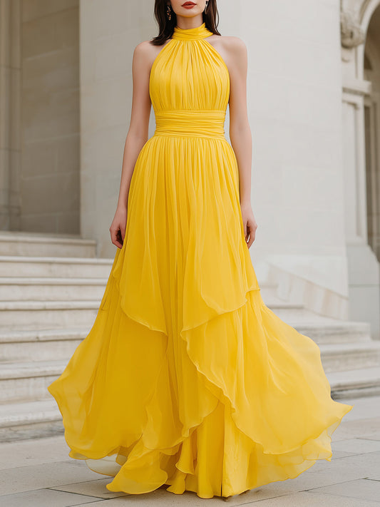 Yellow Halter Neck Pleated Chiffon Maxi Dress With Tiered Hem