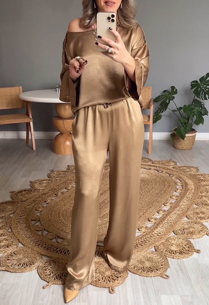 Satin Crew Neck Long Sleeve Two-piece Suit