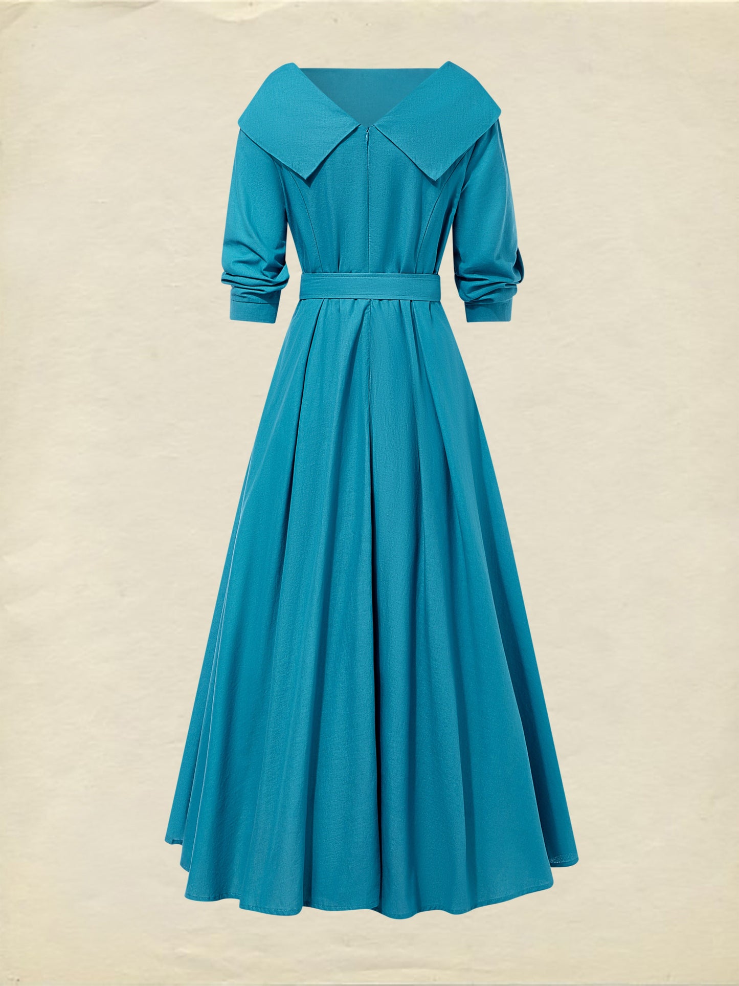 Midi Linen Dress , Half Sleeve, Shawl Collar, Plain, Belt Design, Vintage, Cyan