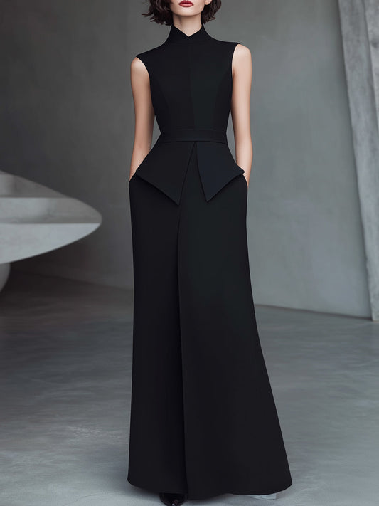 Black High-Neck Structured Sleeveless Maxi Dress