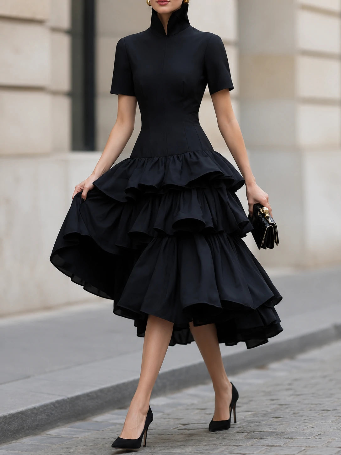 High Neck Tiered Ruffle Midi Dress