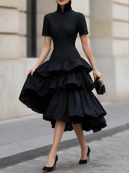 High Neck Tiered Ruffle Midi Dress
