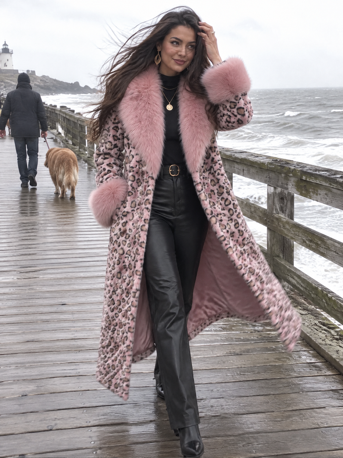 Elegant Pink Leopard Print Faux Fur Long Coat With Fluffy Collar And Cuffs
