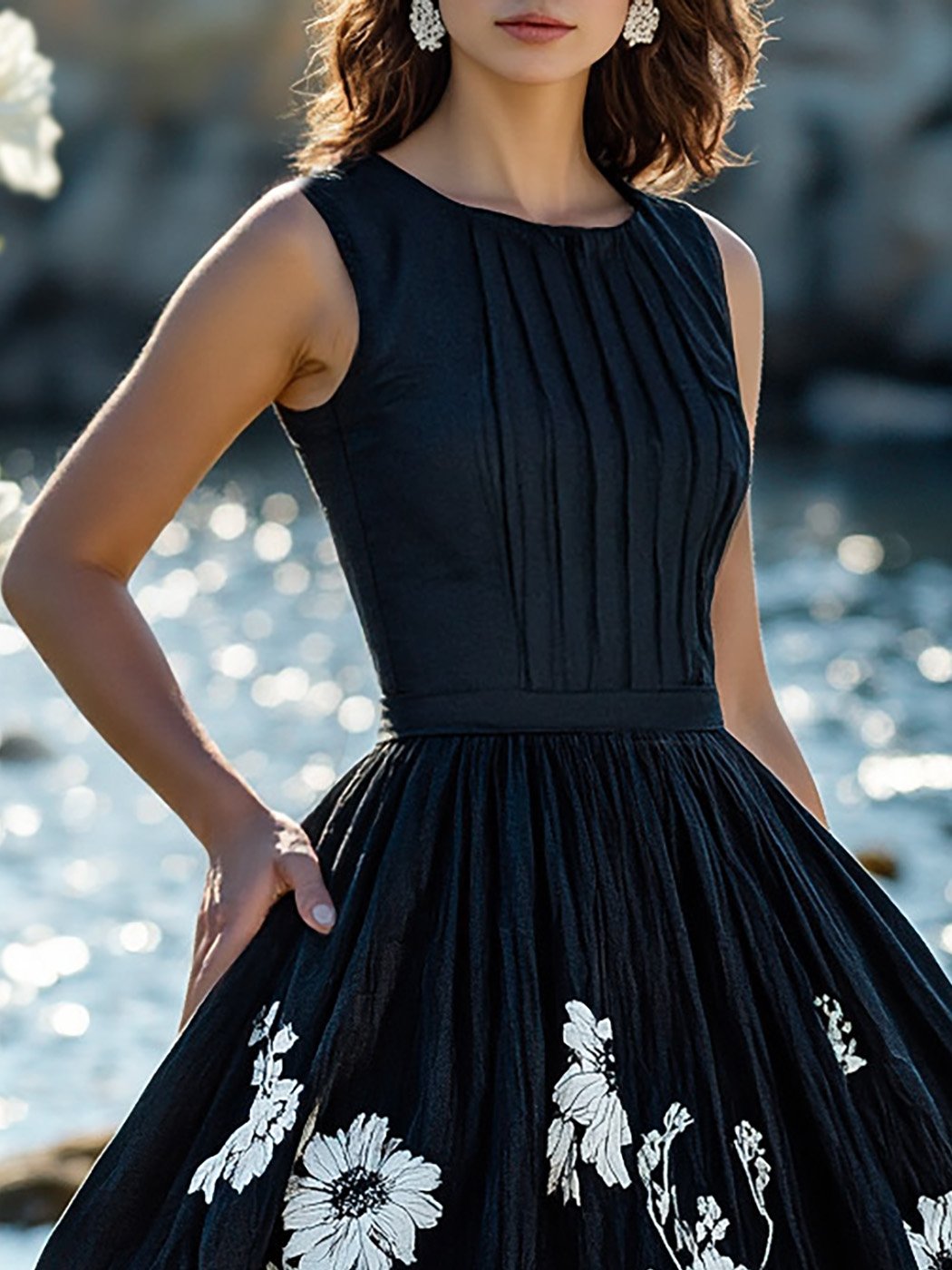 Midi Linen Dress , Sleeveless, Round Neck, Floral, Vacation, Vintage, Black