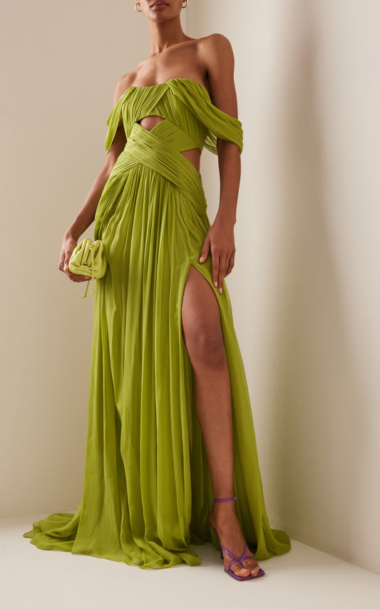 Pleated Chiffon Off-The-Shoulder Gown