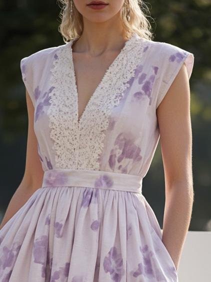 Maxi Linen Dress, V Collar, Cottagecore, Linen Blend, Purple