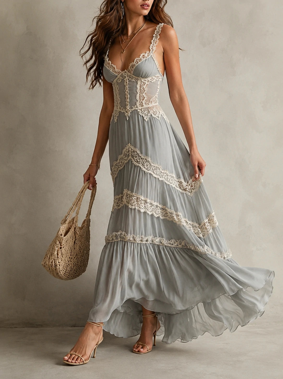 Women Spaghetti Strap Lace Corset Tiered Chiffon Midi Maxi Dress