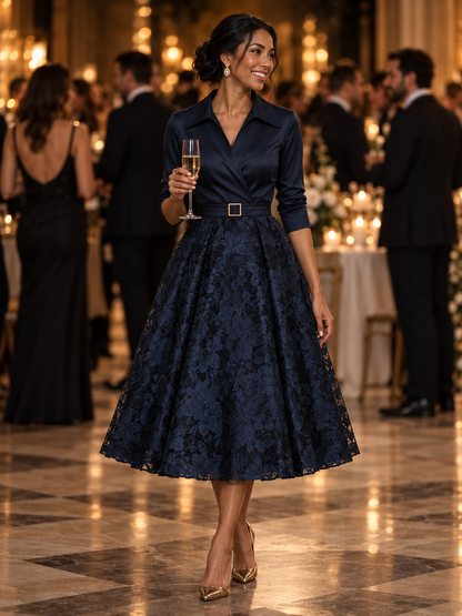 Lapel Collar Satin And Lace Patchwork Belted Midi Dress