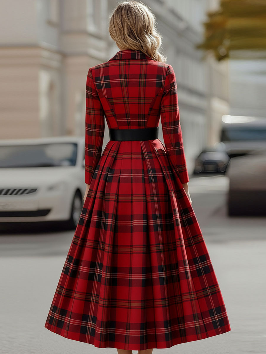 KSXTXX Statement Red Plaid Trench Dress With Gold Buckle Belt