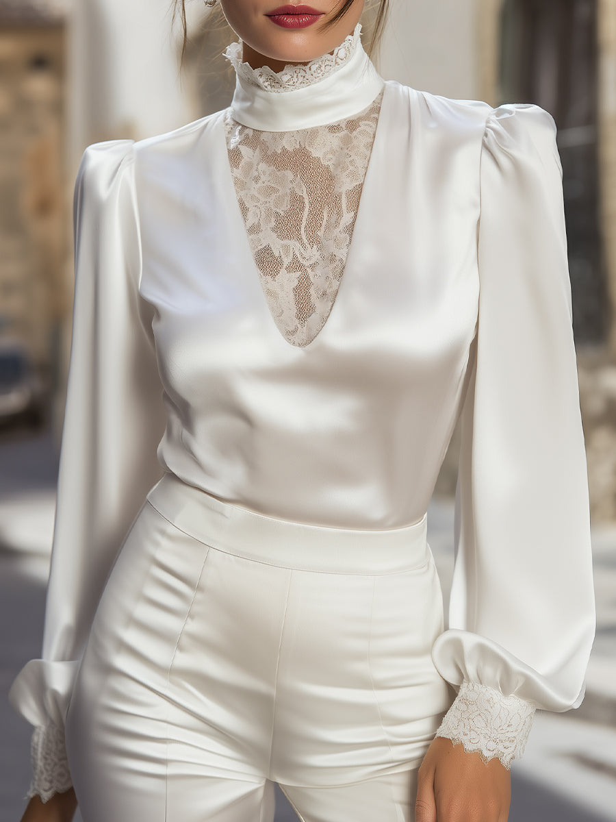 Lace-Detail High Neck Satin Blouse