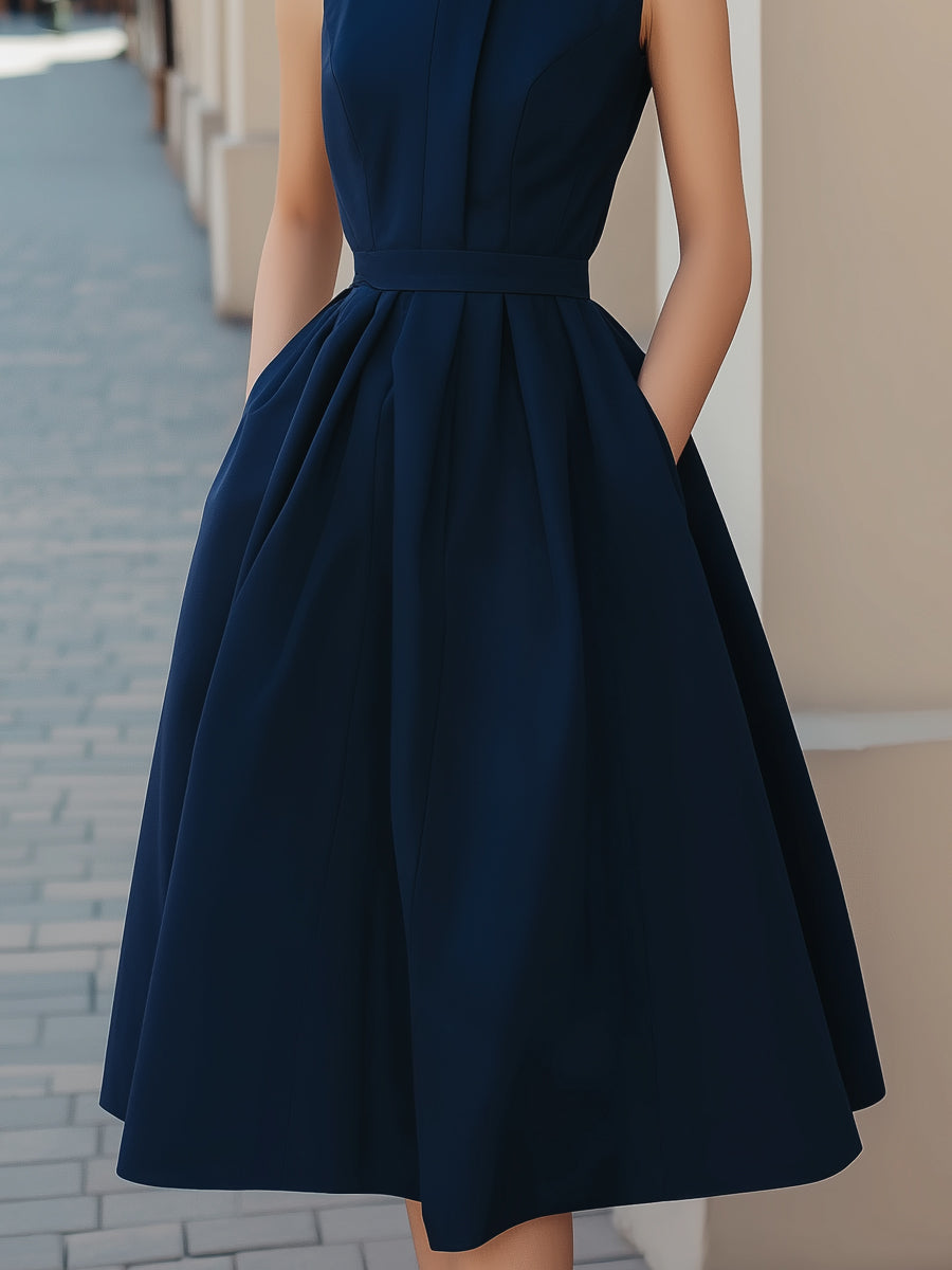 Belted High-Neck Sleeveless A-Line Dress