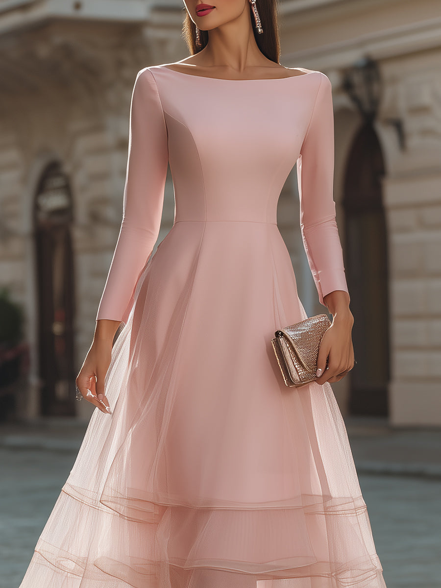 Long Sleeve Layered Midi Dress With Defined Waist