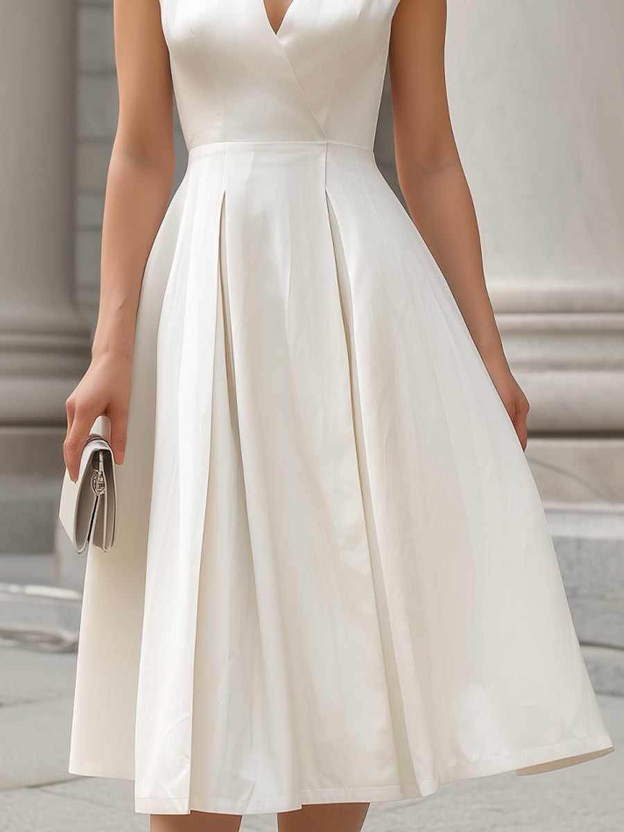 Ivory Satin V-Neck Pleated Midi Dress