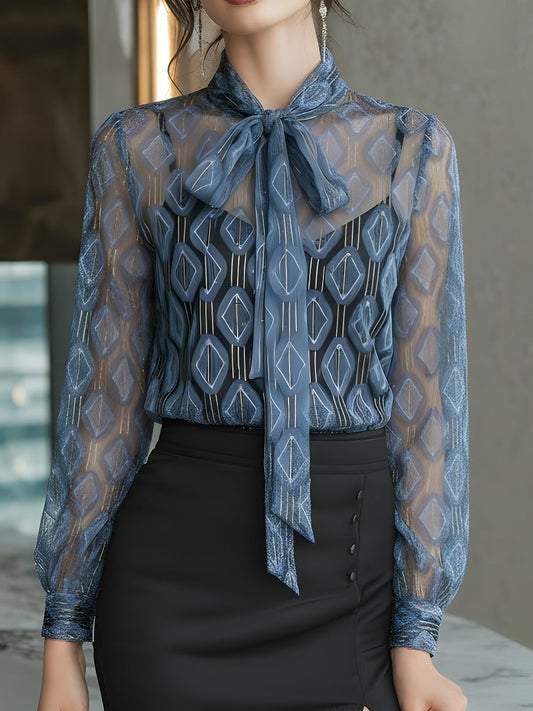 Blue Geometric Sheer Chiffon Tie-Neck Blouse