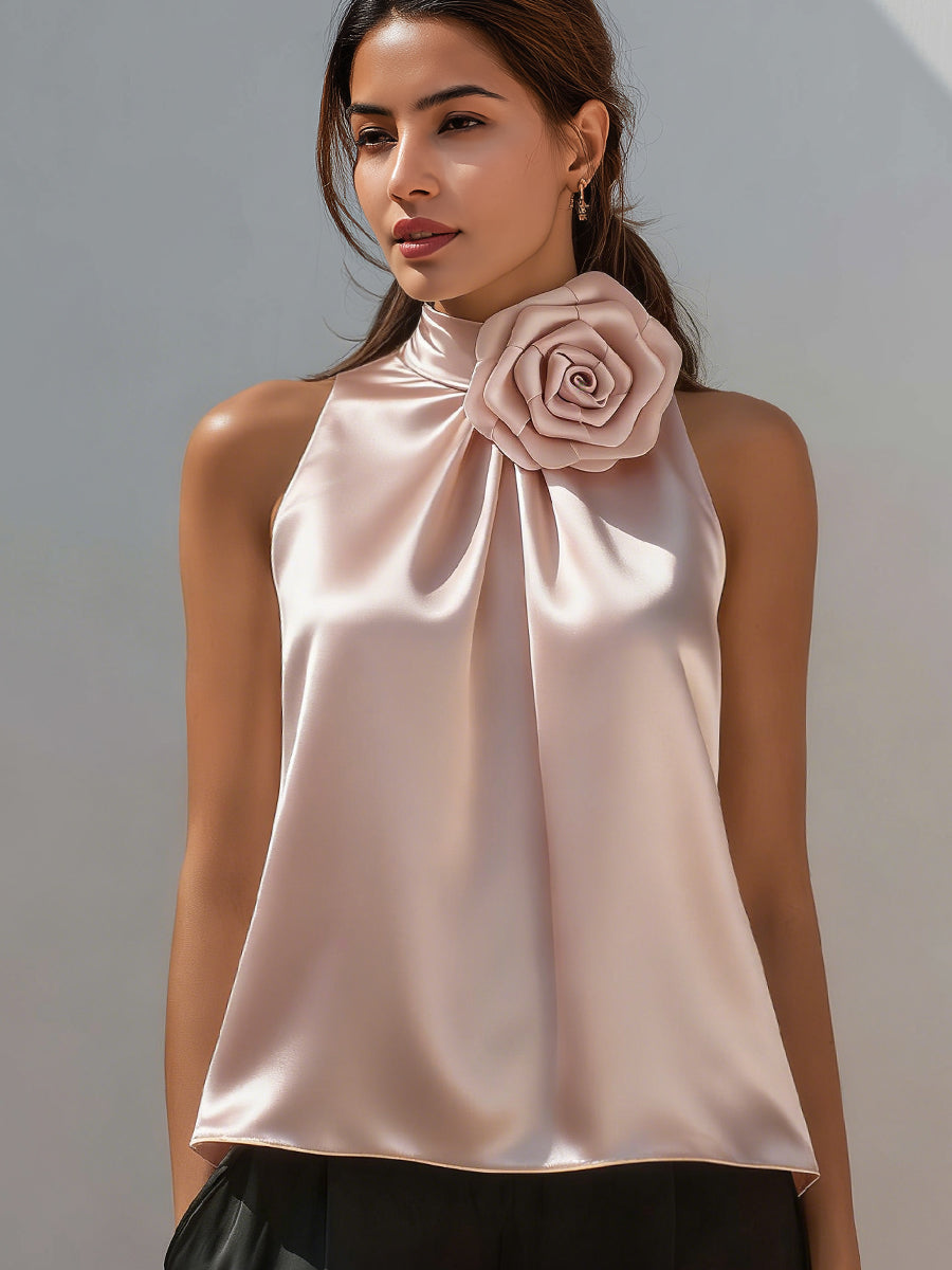 Sleeveless High-Neck Satin Top With Floral Accent