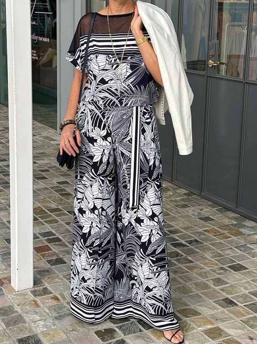 Plus Size  Short Sleeve Printing Suit Belt Sheer Top Two-Piece Set