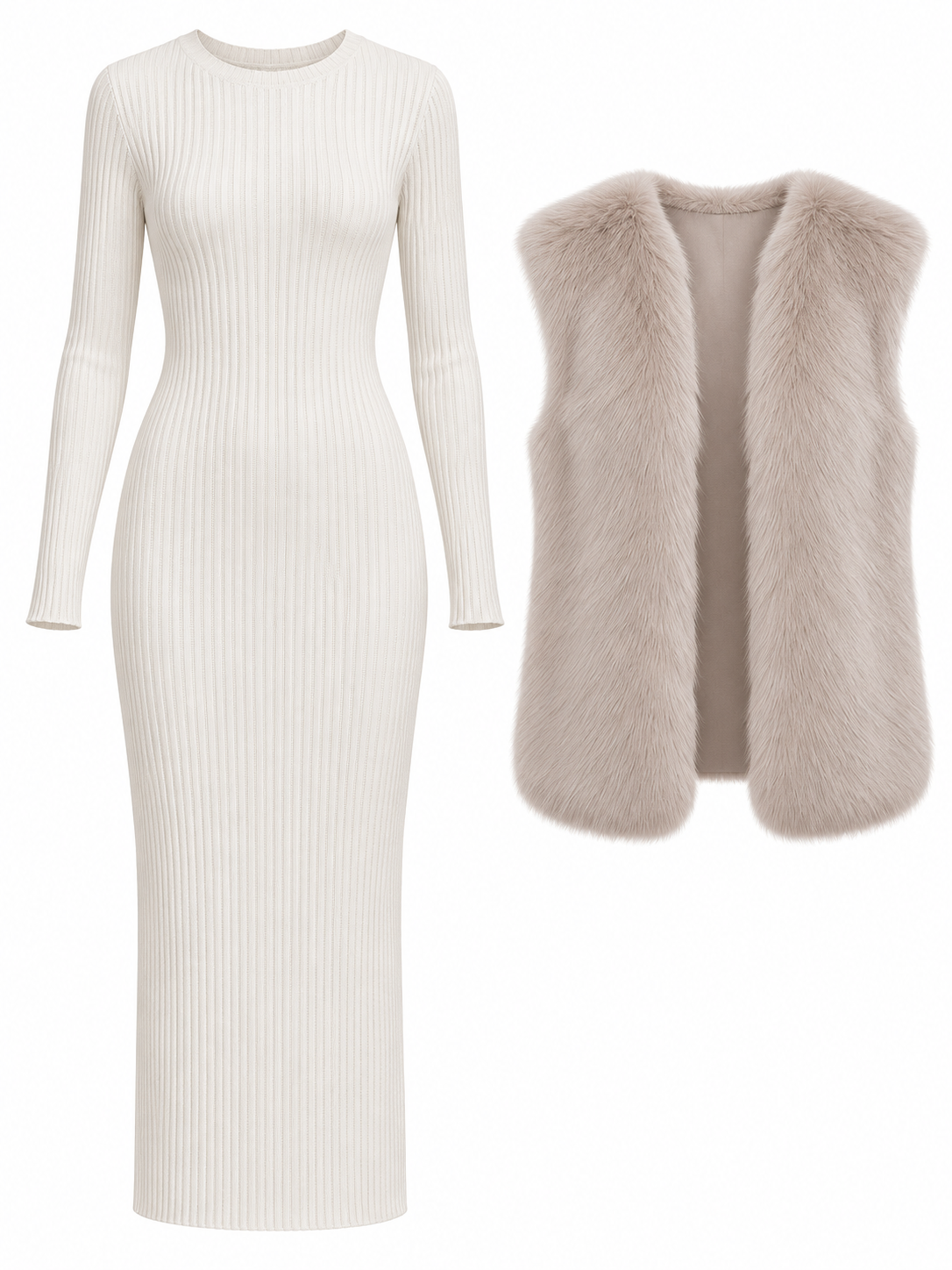 Ribbed Knit Dress And Faux-Fur Vest Set