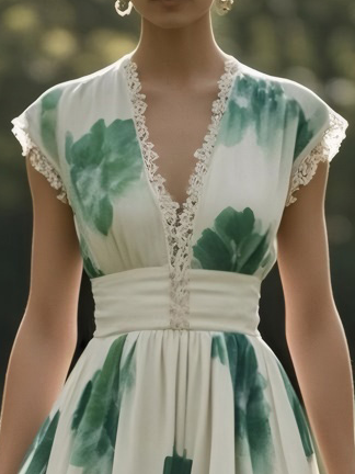 (SIZE:XS-XXL)Linen Maxi Dress, Sleeveless, V neck, Floral, Vintage, Green