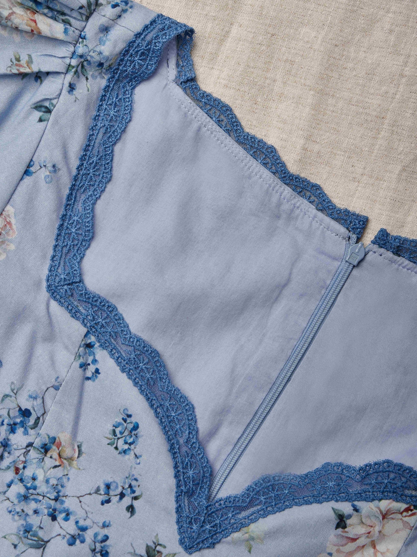 Maxi Linen Dress, Puff Sleeves, Crew Neck, Floral, Linen Blend, Blue