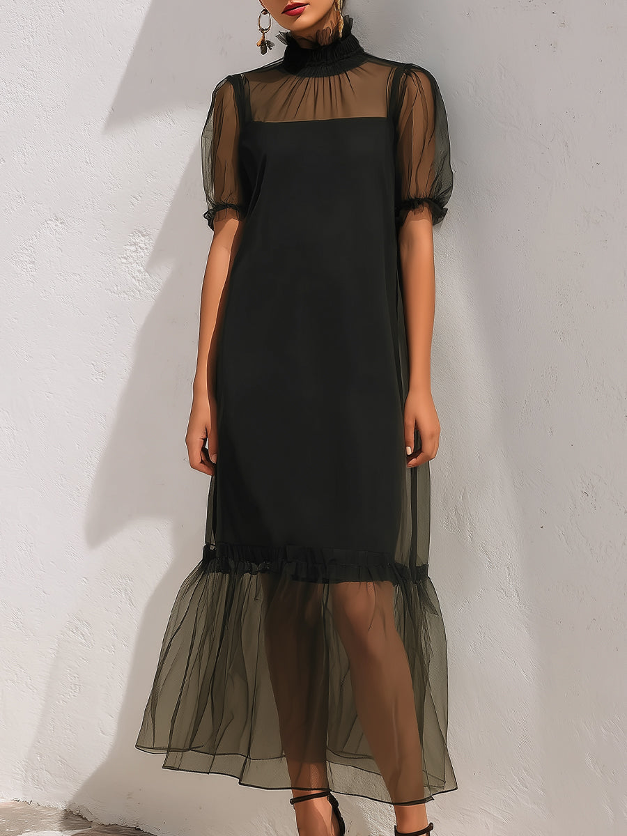Sheer Puff Sleeves Mesh Overlay Dress