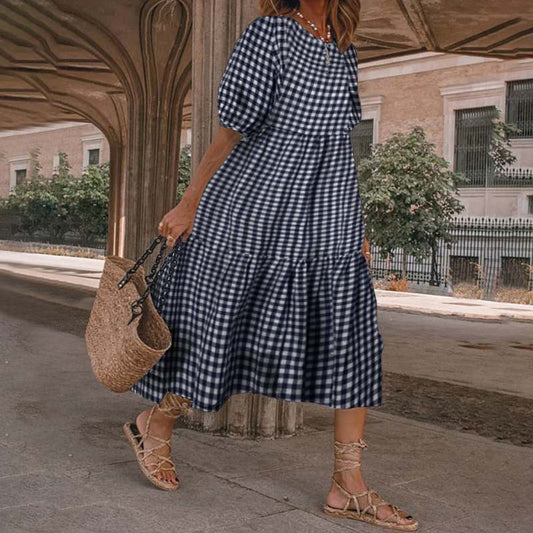 Plus Size 3/4 Sleeve Gingham Maxi Dress