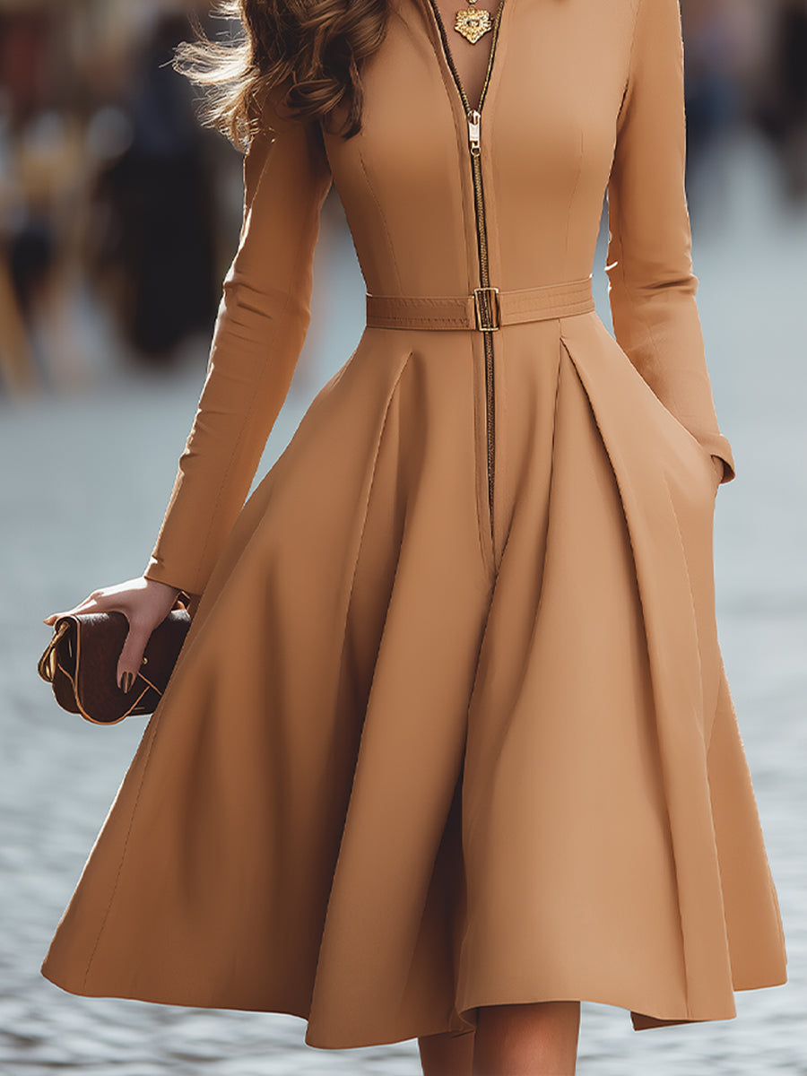 Elegant Zip-Up Fit And Flare Midi Dress